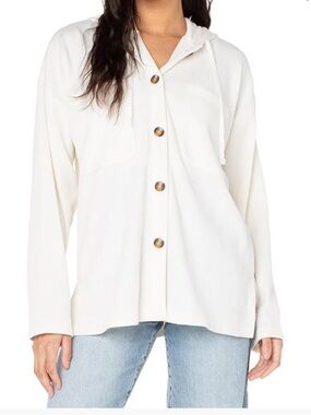 Women's Cream Button-Front Hoodie Shirt - Casual Lightweight Top
